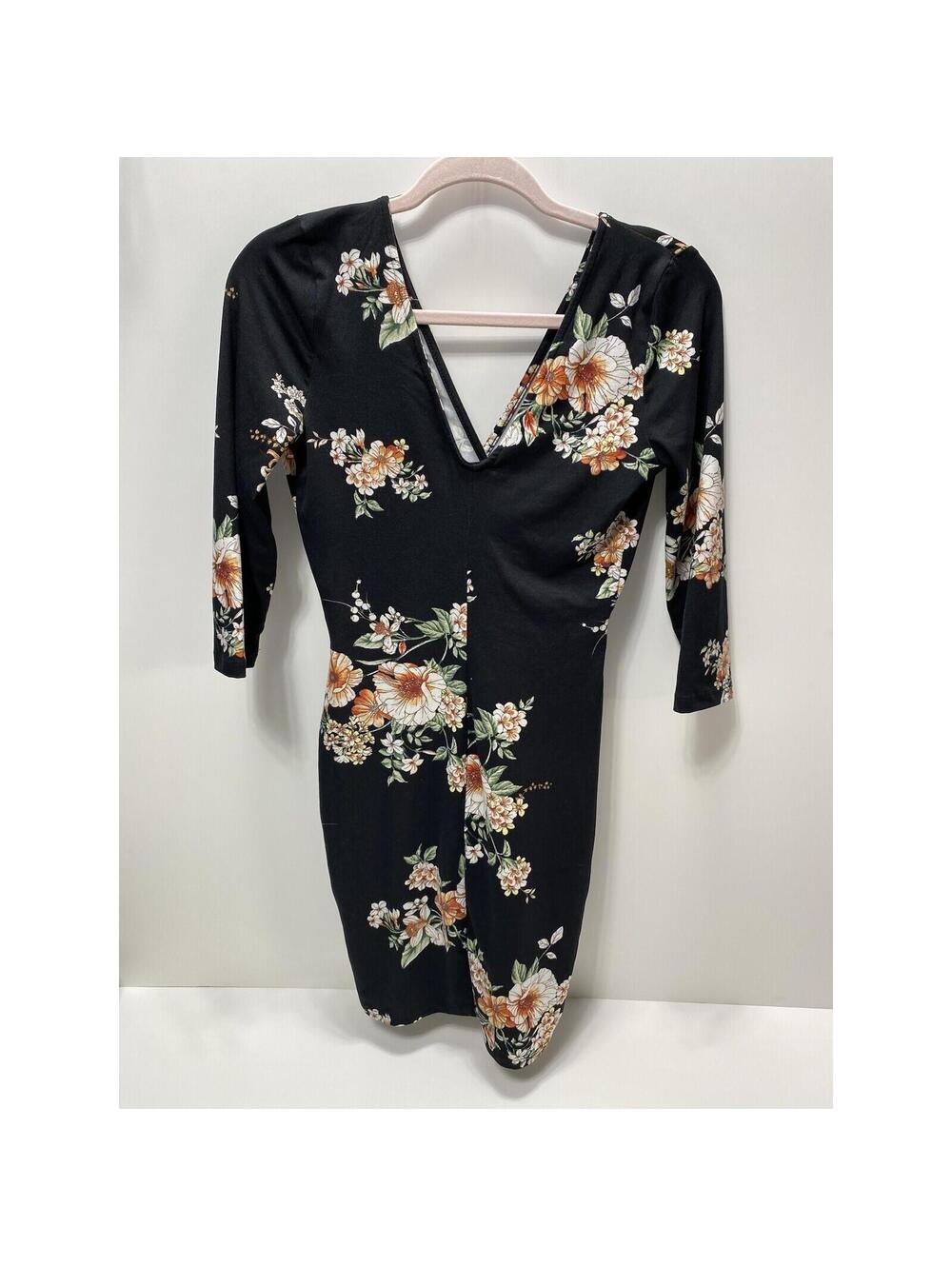 Women’s Long Sleeve V-Neck Black Floral Dress, Leg Split Design, Size Medium